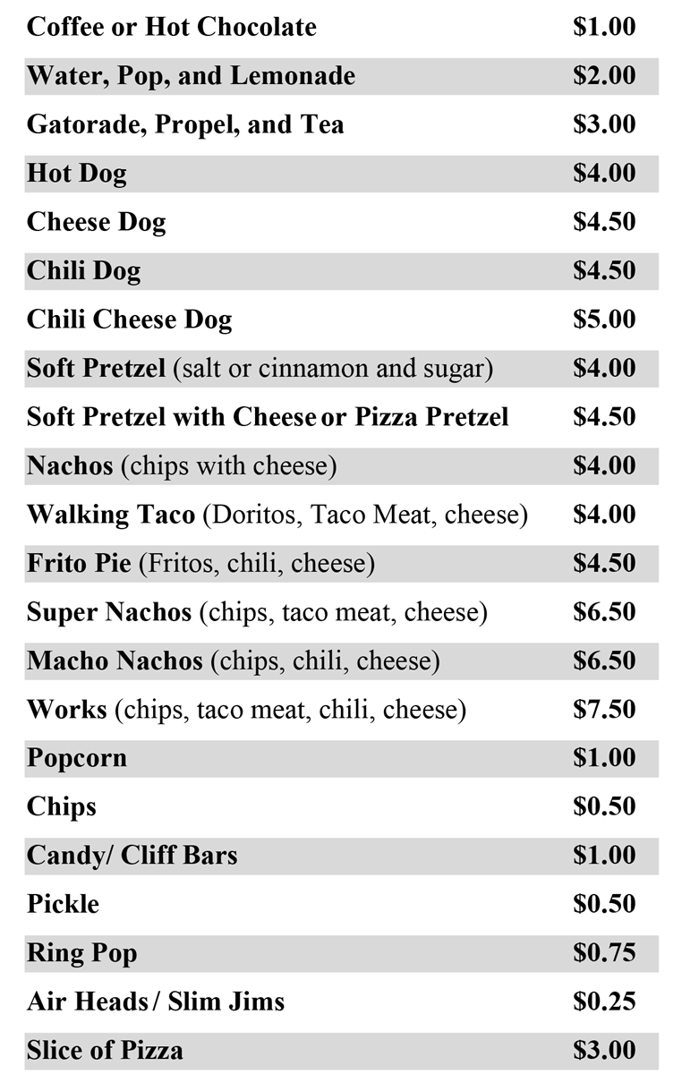 2021 Concession Prices Glenwood Rams